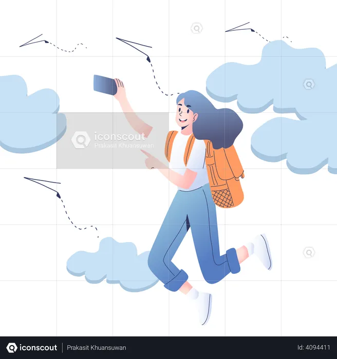 Female tourist taking selfie  Illustration