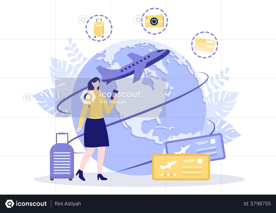 Female tourist travelling around the world through flight  Illustration