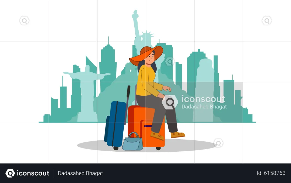 Female tourist waiting at travel location  Illustration