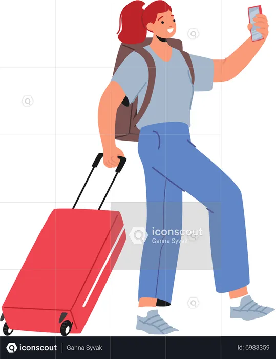 Female Tourist Walking With Bag And Smartphone  Illustration