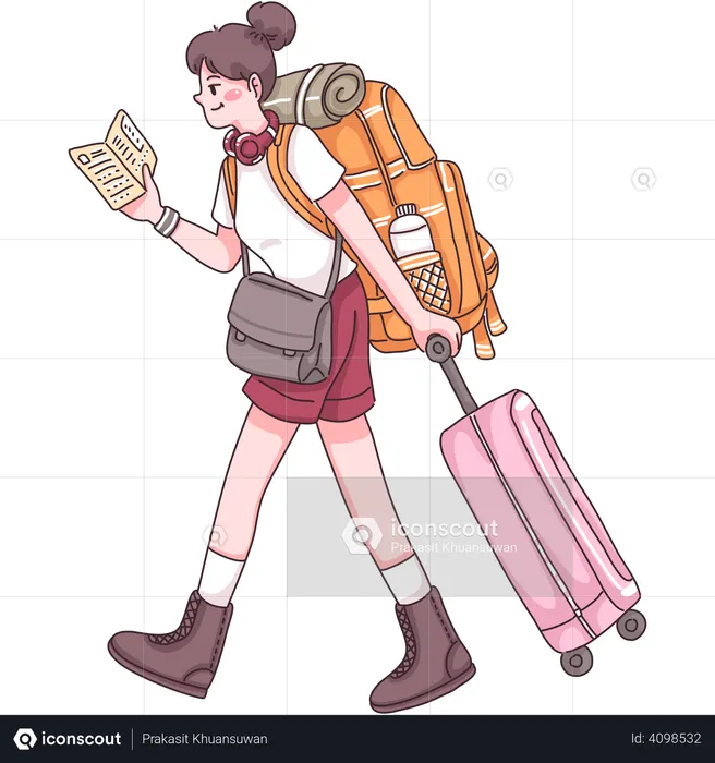 Female tourist walking with suitcase  Illustration