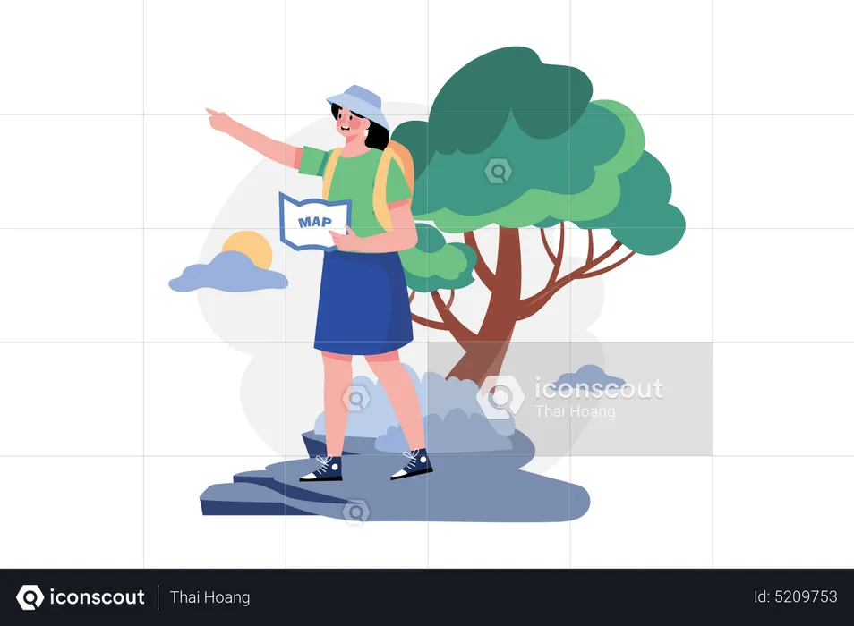 Female tourist with a backpack is experiencing the trip  Illustration