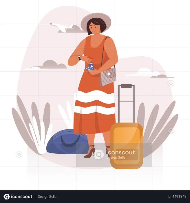 Female tourist with luggage and ticket  Illustration