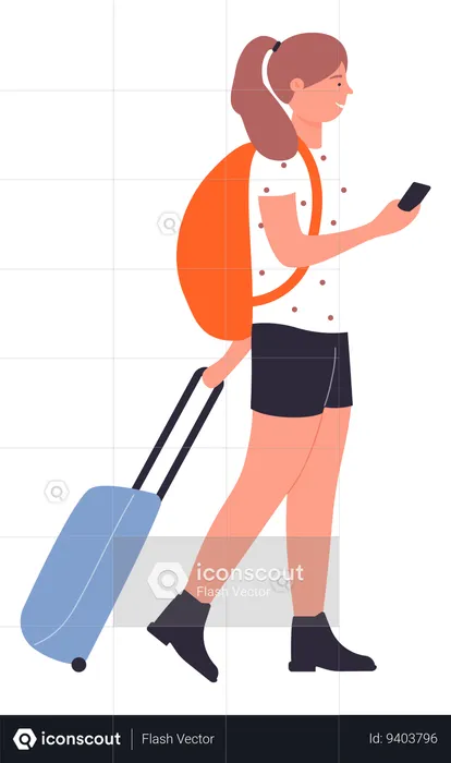 Female tourist with luggage and using mobile  Illustration