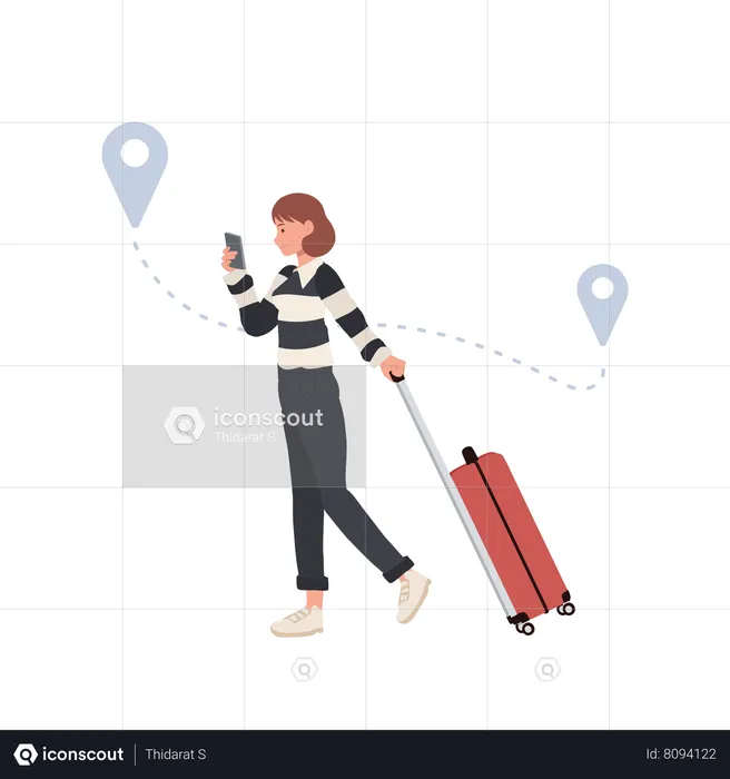 Female Tourists with luggage holding mobile smart phone with mobile gps searching point  Illustration