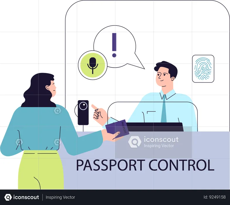 Female traveler provides documents to security personnel  Illustration