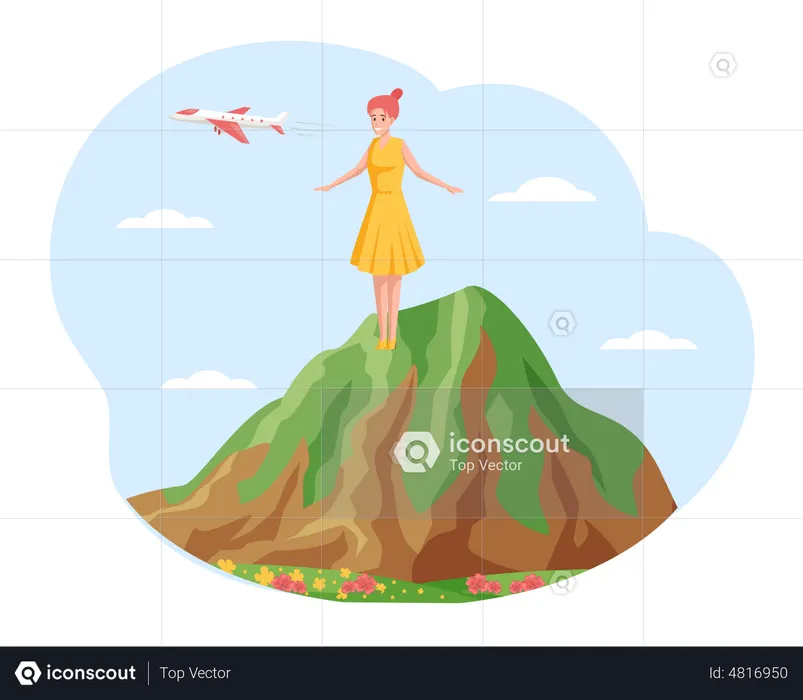 Female traveler stands on top of mountain  Illustration