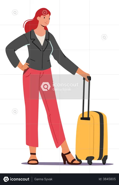 Female traveller standing with baggage  Illustration