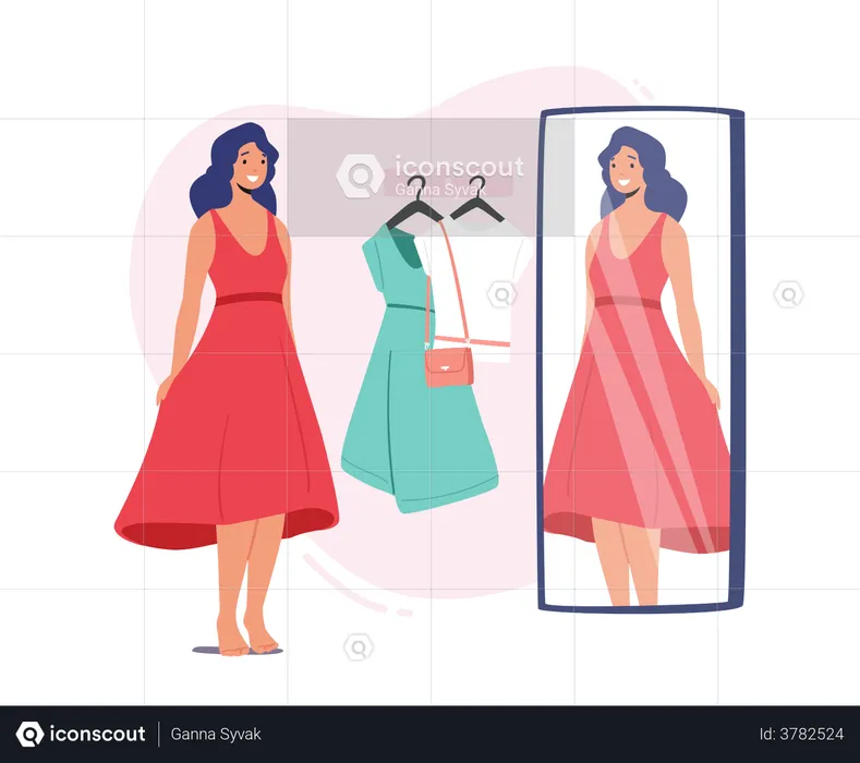 Female Trying on Clothes in Dressing Room at Store  Illustration