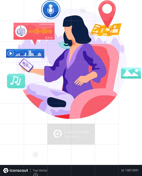 携帯電話で音声アシスタントを使用する女性  イラスト