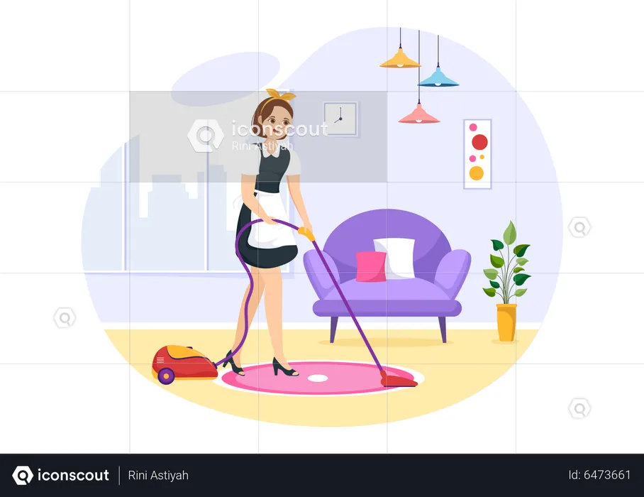 Female vacuuming living room  Illustration