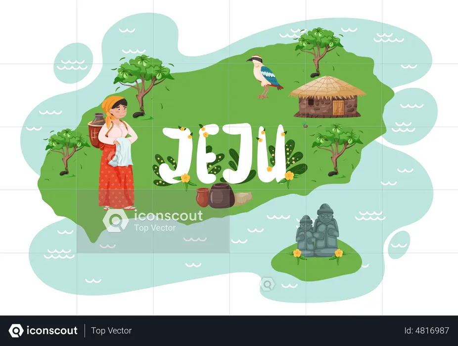 Female villager standing on jeju island  Illustration