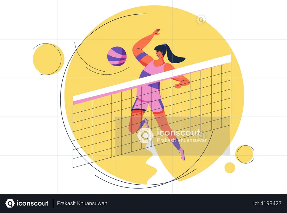 Female volleyball player smashing ball over the net  Illustration