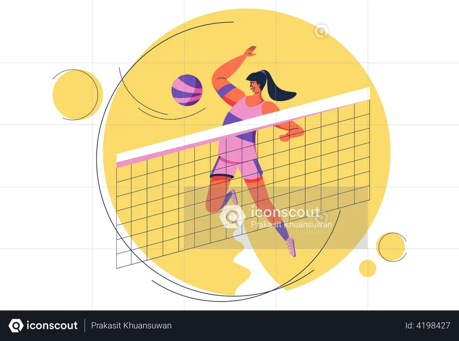 Best Female volleyball player smashing ball over the net Illustration download in PNG & Vector