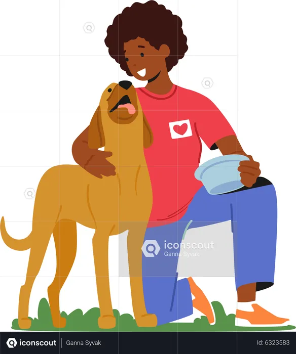 Female volunteer feeding dog in animal shelter  Illustration