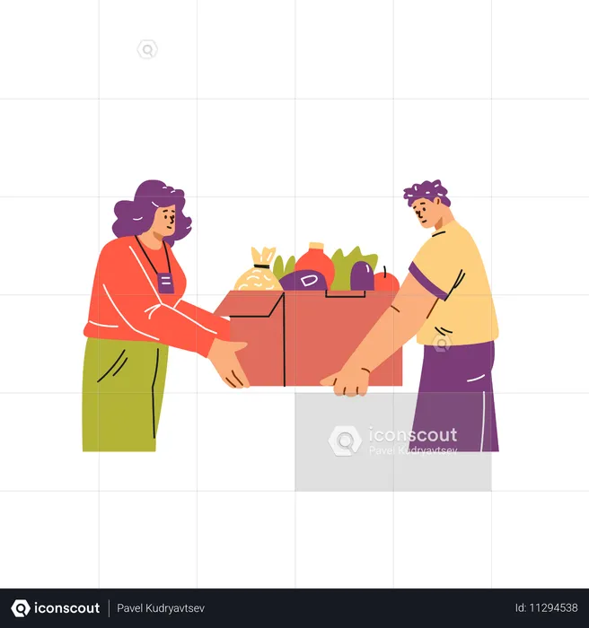 Female volunteer handing over a box of food to a young teenager  Illustration