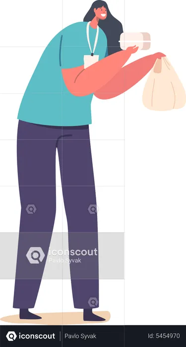 Female Volunteer Holding Food for Poor People  Illustration