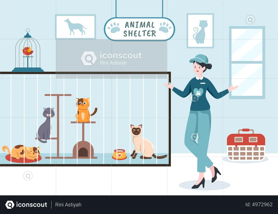 Female Volunteer in Animal Shelter  Illustration