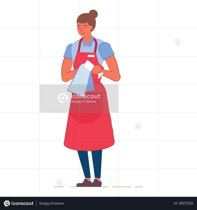 Female waiter cleaning glass  Illustration