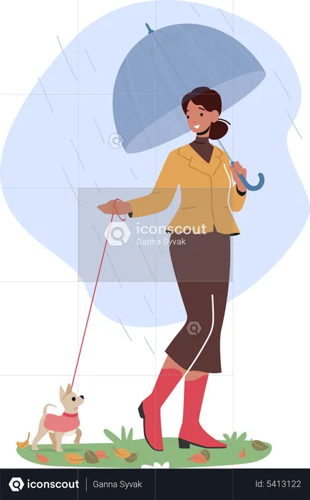 Female Walk with Dog in Rain  Illustration