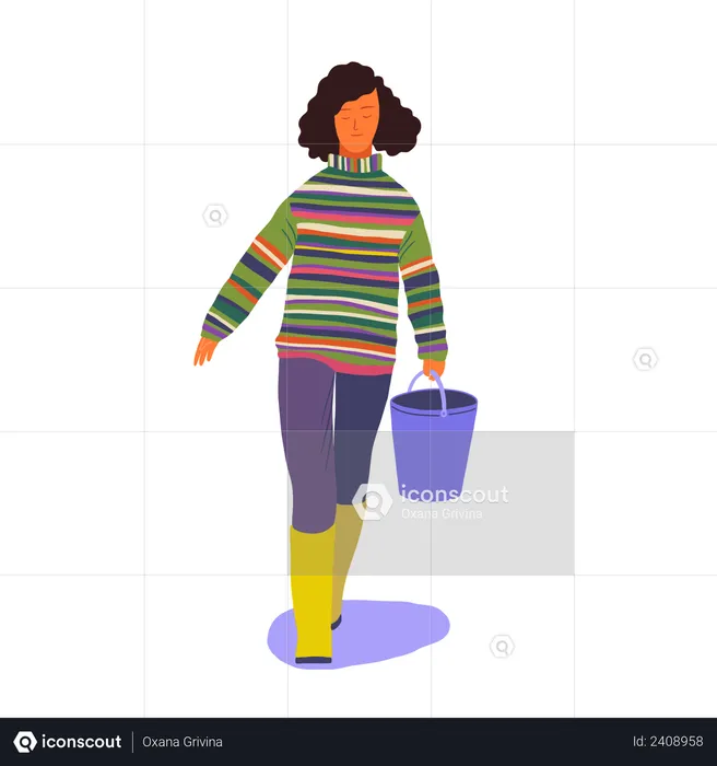 Female walking with bucket in her hand  Illustration