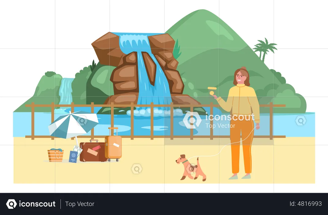 Female walking with dog on vacation  Illustration