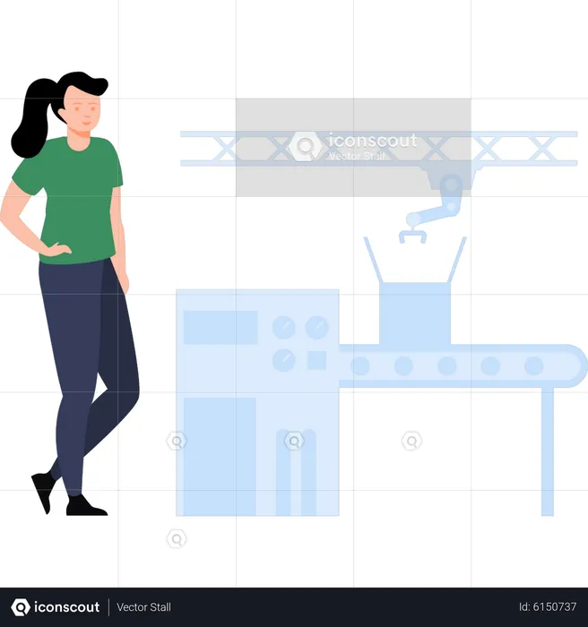 Female warehouse manager looking at package conveyor belt  Illustration