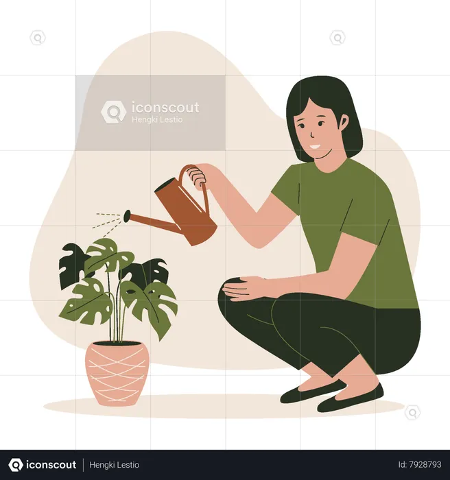 Female watering plants in pots  Illustration