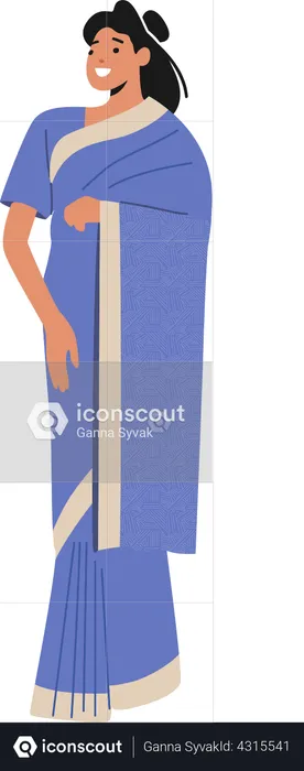 Female Wear Blue Sari Traditional Clothes  Illustration