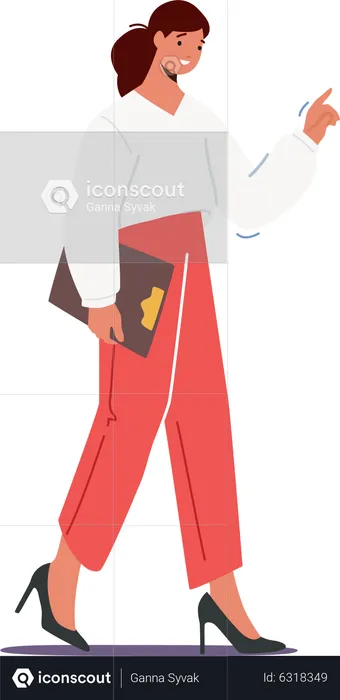 Female Wear Office Clothes Walk With Pointing Finger And Clipboard  Illustration