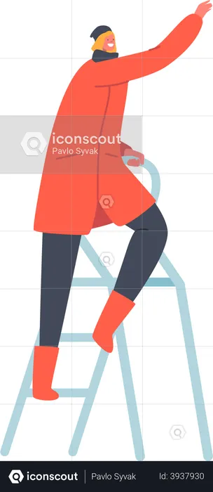 Female Wear Warm Winter Clothes Stand on Ladder  Illustration