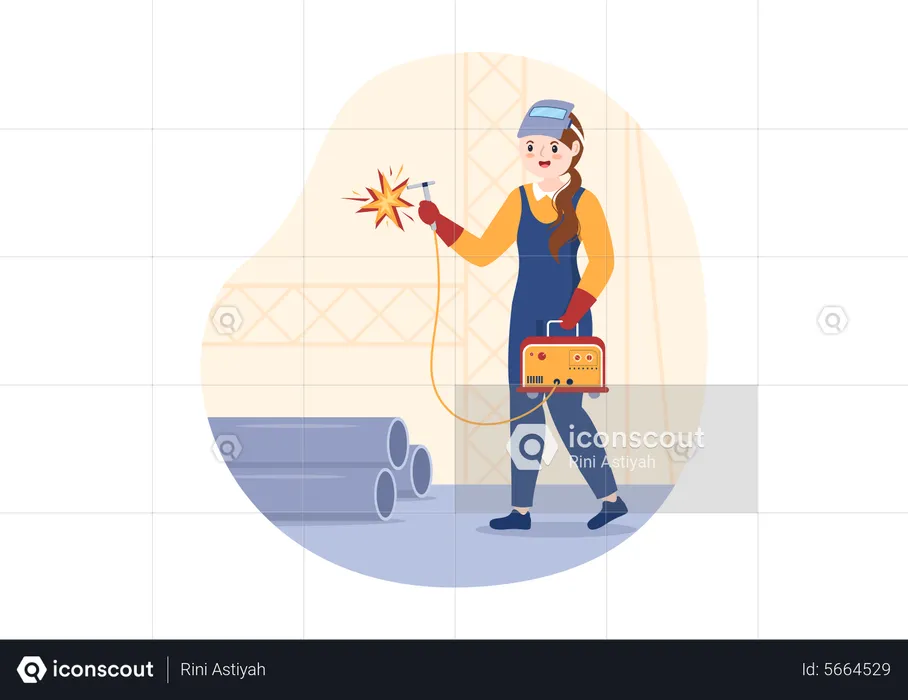 Female welder using welding machine  Illustration