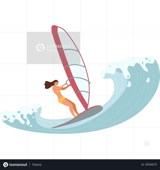 Female wind surfer rides the Barreled Rushing Wave  Illustration
