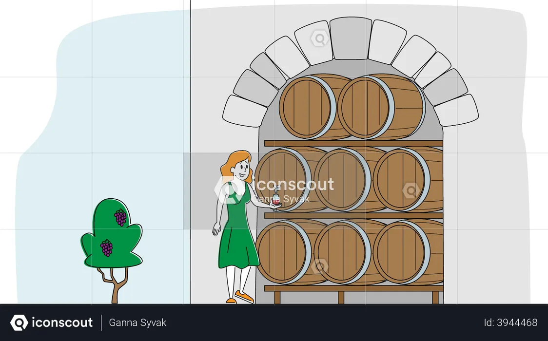 Female Winemaker Tasting Wine at Wine Cellar with Oak Barrels  Illustration