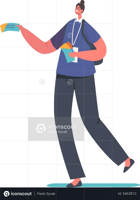 Female with Badge and Backpack Giving Flyers  Illustration