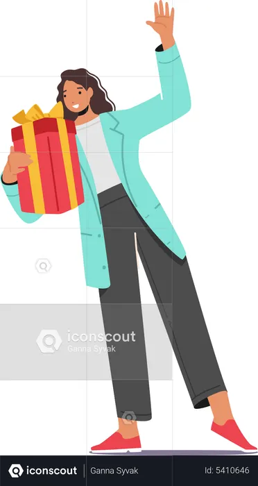 Female with Gift Box Waving Hand  Illustration