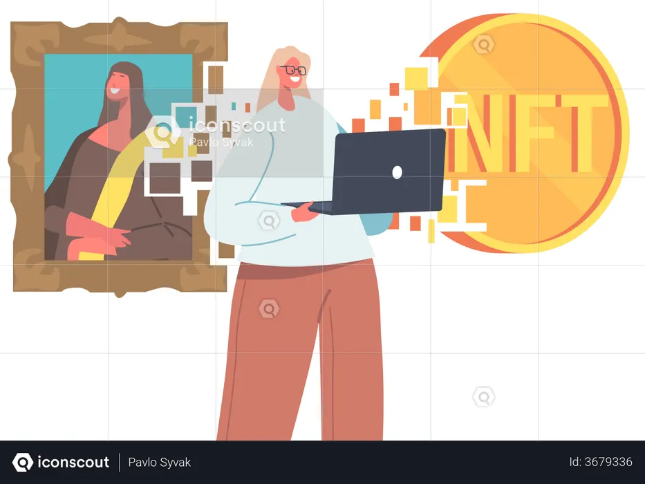 Female with Laptop Using Non Fungible Token  Illustration