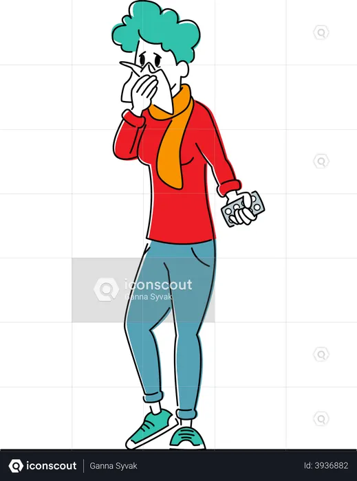 Female with Medicine Drugs Blister in Hand Sneezing with Runny Nose  Illustration