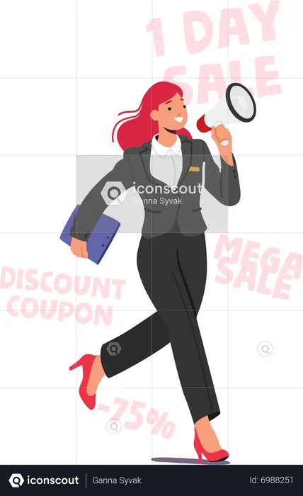 Female With Megaphone Making Enticing Claims Of Perks And Presents  Illustration
