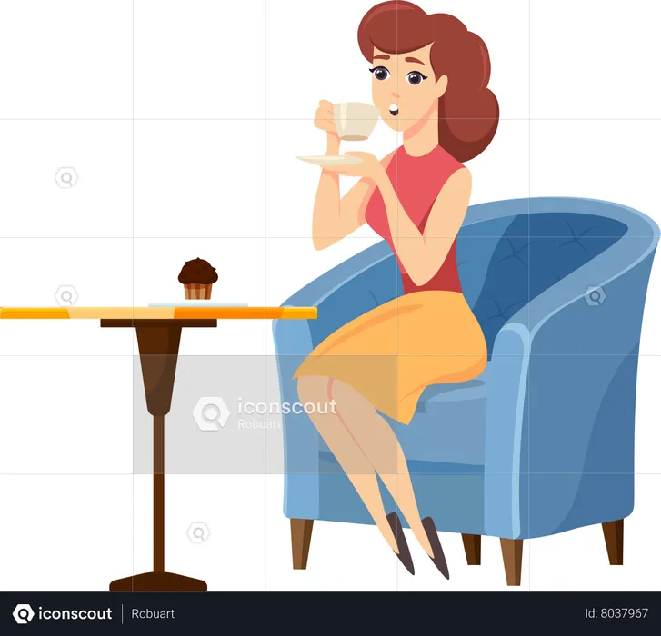 Female with Mug and Brownie in Coffeehouse  Illustration