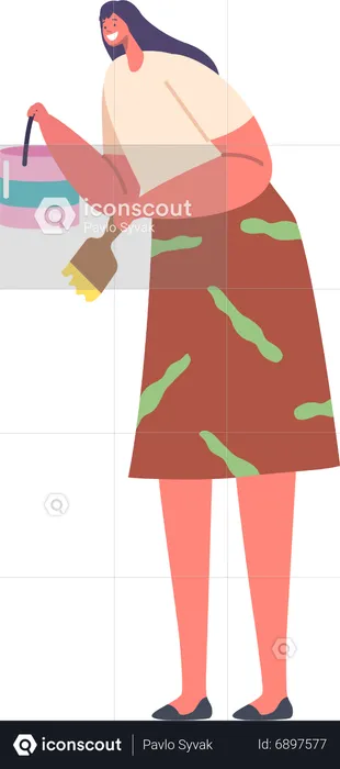 Female with Roll and Bucket Painting Wall  Illustration