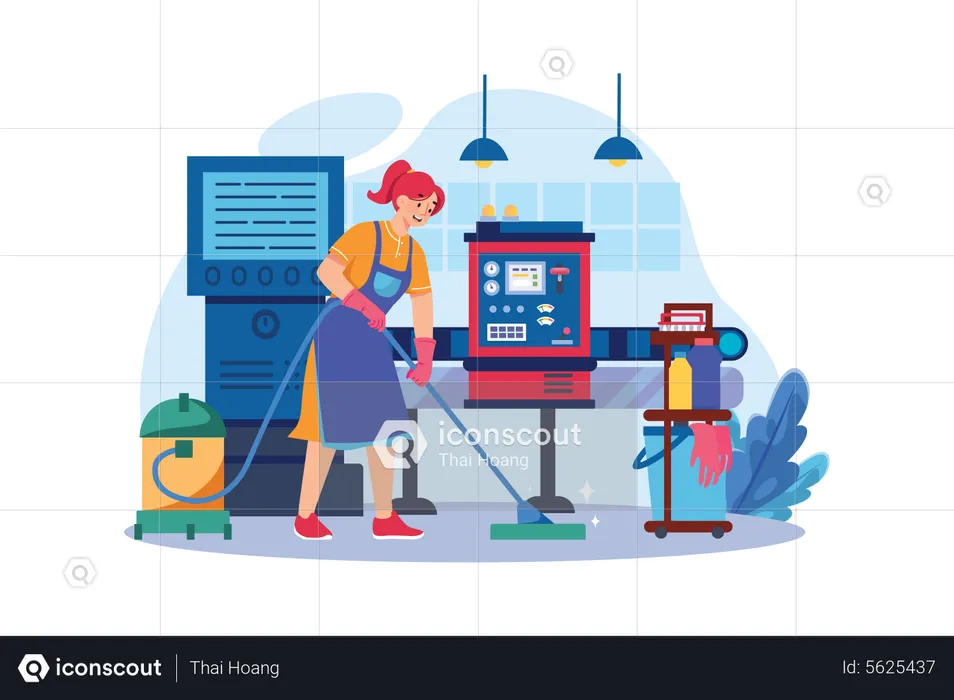 Female Worker Cleaning Floor Using A Vacuum Cleaner  Illustration