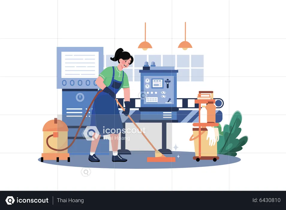 Female Worker Cleaning Floor Using A Vacuum Cleaner  Illustration