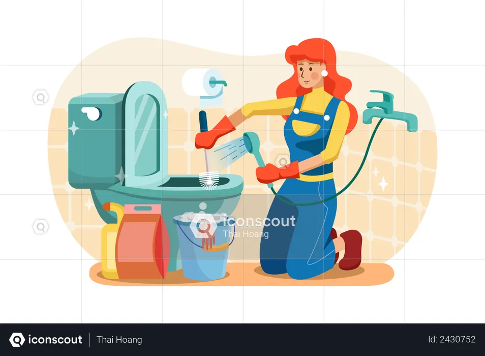 Female worker cleaning toilet  Illustration