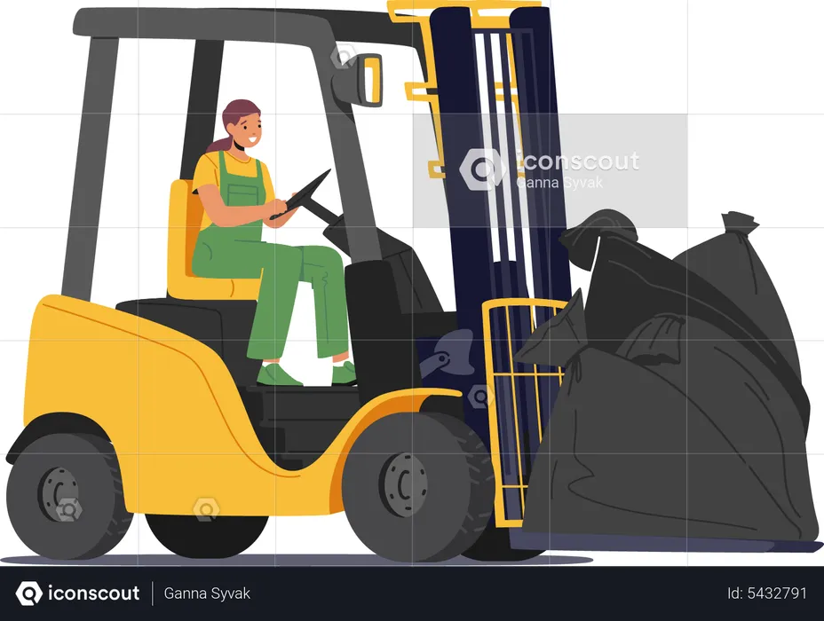Female Worker Driving Forklift Truck with Garbage Sacks  Illustration