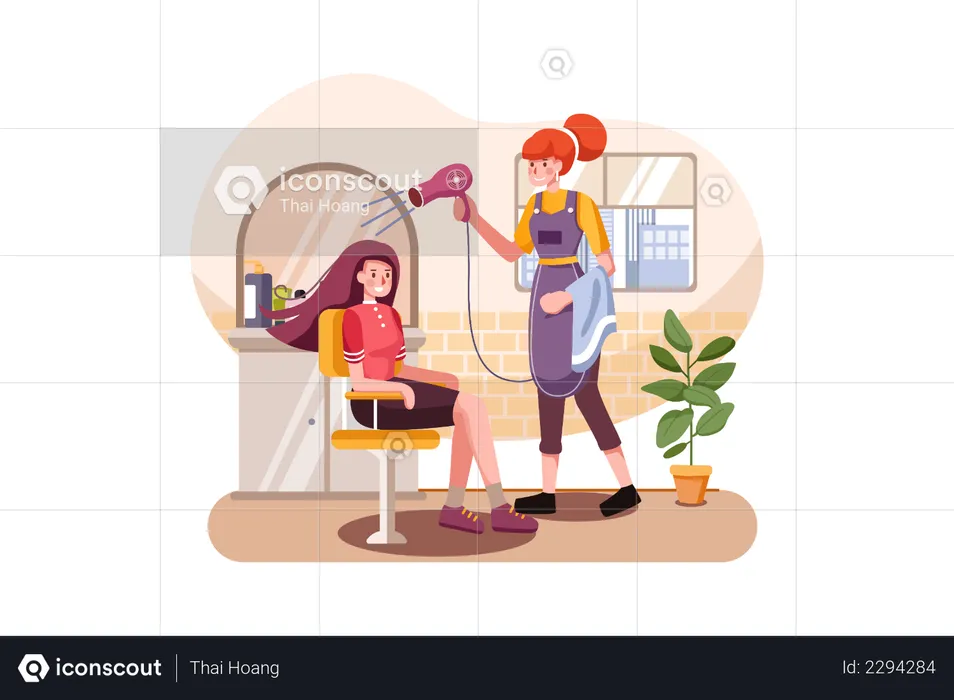 Female worker drying hair of customer  Illustration