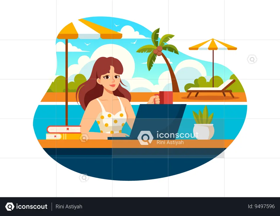 Female Worker Relaxing by the Swimming Pool  Illustration
