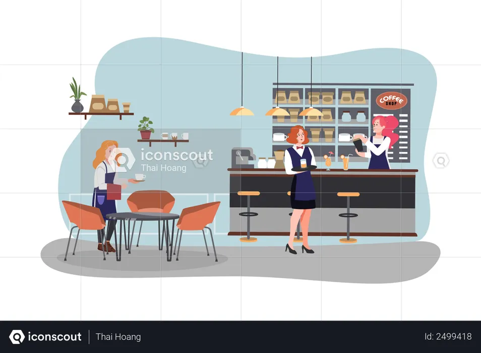 Female workers working in cafe  Illustration