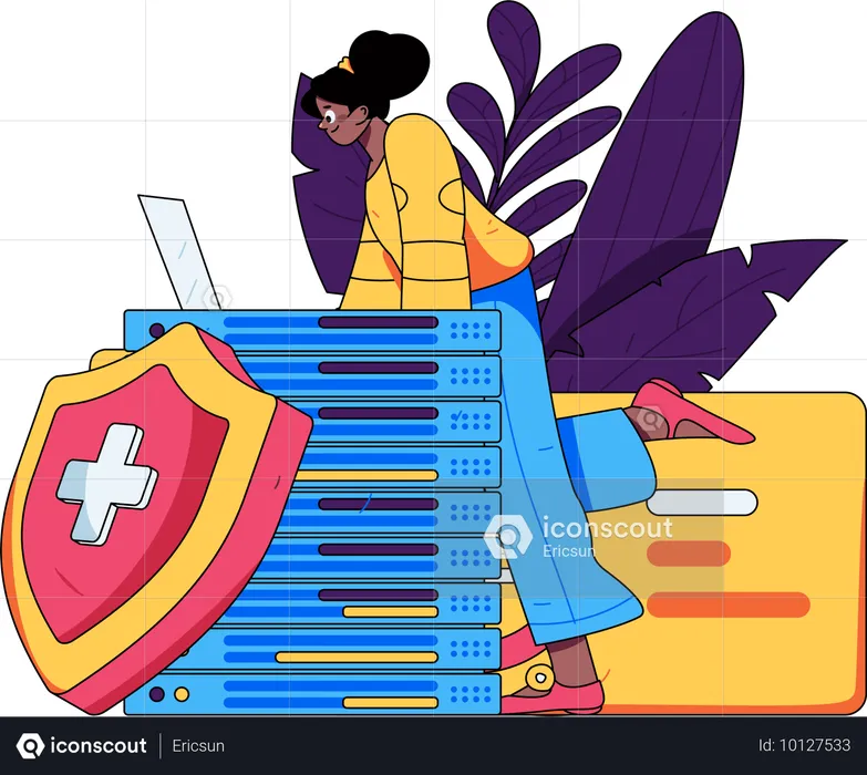 Female working on database security  Illustration