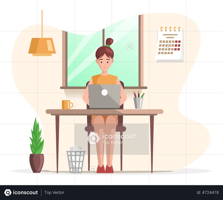 Female working on laptop on table  Illustration